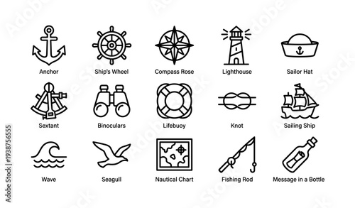 Nautical icons collection: anchor, compass, lighthouse, ship, binoculars, more