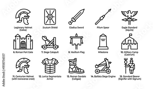 Roman military symbols and equipment icons set