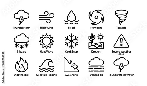 Weather icons: thunderstorm high wind flood hurricane tornado alerts