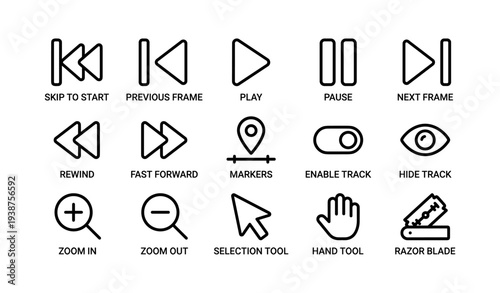 Video editing icons: play, pause, fast forward, rewind, tools