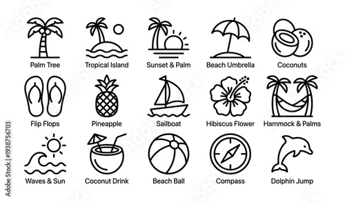 Tropical icons: palm trees, sailboat, hibiscus, dolphin, and more in black outline