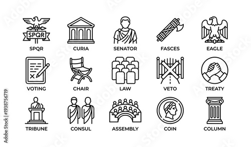 Ancient roman symbols and icons: spqr, curia, senator, fasces, eagle