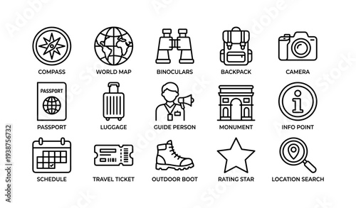 Travel icons: compass, map, binoculars, backpack, camera, passport, more