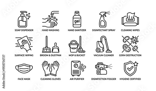 Hygiene essentials: soap, sanitizer, disinfectant, vacuum, gloves
