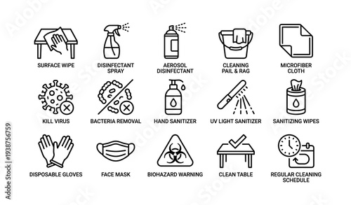 Cleaning and disinfection icons for hygiene and safety