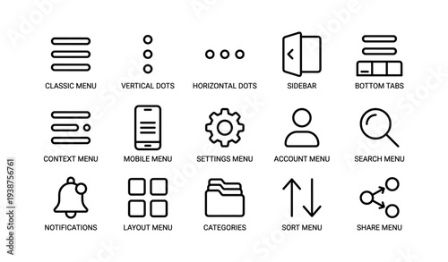 Menu icons set: classic, vertical, horizontal, sidebar, tabs, mobile, account, search, notification