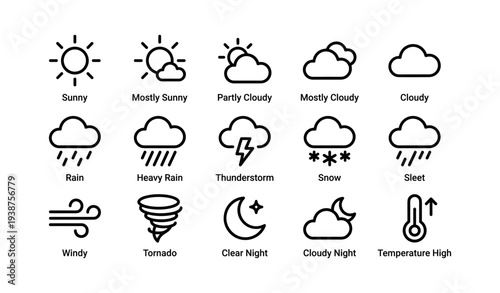 Weather icons set: sun, clouds, rain, thunder, snow, wind, temperature