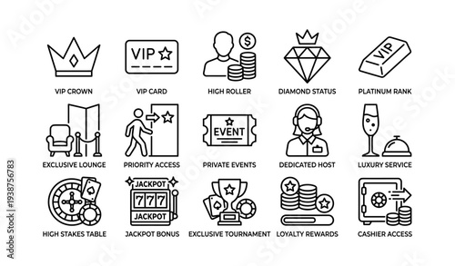Vip membership exclusive benefits and elite rewards icons set