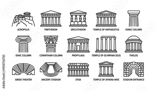 Iconic ancient greek architecture: temples, columns, and theaters