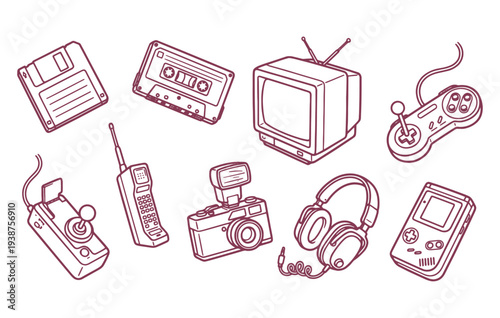 Retro technology doodle collection with vintage electronics and gadgets