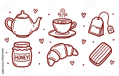 Tea time doodle set with teapot cup honey jar and croissant pastry