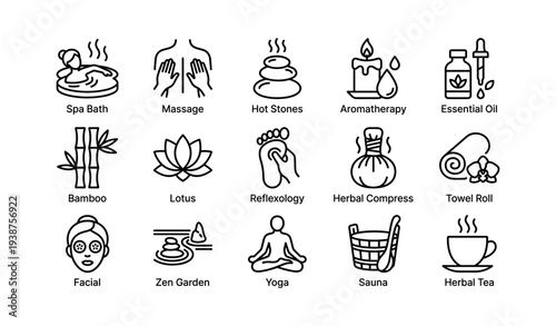 Spa therapy icons: aromatherapy, massage, yoga, herbal teas, relaxation symbols