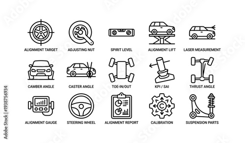 Car alignment tools and diagrams featuring alignment target, laser measurement, and steering wheel