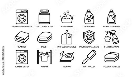 Laundry care icons: washing, drying, and maintenance essentials