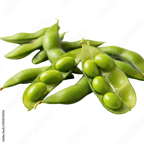 Fresh green edamame pods with visible beans against a dark background isolated on a transparent background