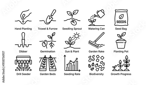 Gardening icons set featuring tools, plants, and growth stages