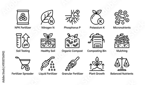 Icons of garden fertilizers and soil health for optimal plant growth