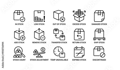 Inventory management icons: stock levels, adjustments, shipping, and availability indicators