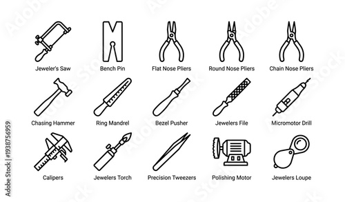 Jewelry making tools vector icons: saws, pliers, hammers, drills, tweezers