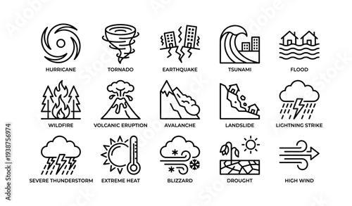 Natural disaster icons: hurricane, tornado, earthquake, tsunami, flood, and more