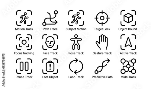 Icon set for motion tracking and object detection with face and gesture tracking