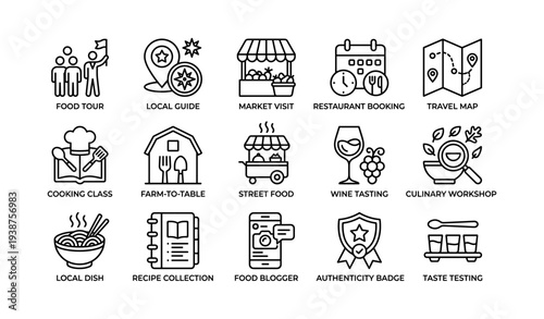 Diverse culinary icons illustrating food tours and dining experiences