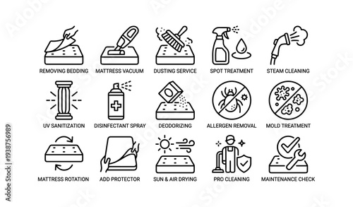 Mattress cleaning and maintenance icons featuring tools and methods for hygiene and allergen control