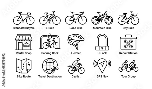 Bicycle types icons with accessories and travel elements