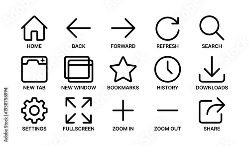 Essential web browser user interface icons for navigation and functions