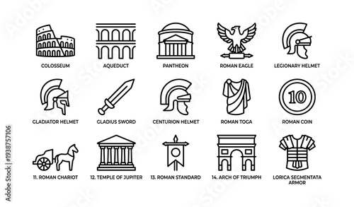 Ancient roman symbols and architecture icons