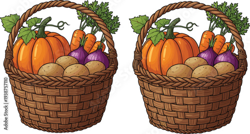 Hand drawn wicker basket filled with fresh vegetables pumpkin carrots potatoes onions harvest illustration farm produce organic food isolated vector set clipart design