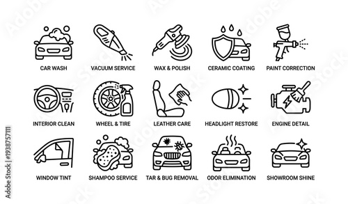Comprehensive car detailing services icons set