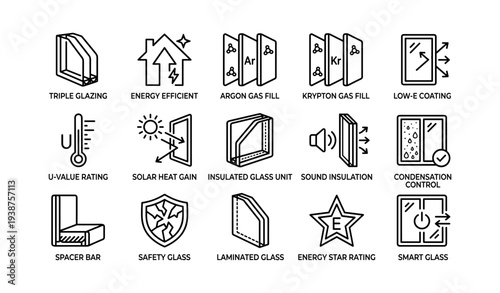 Icons of energy-efficient glass technologies and features