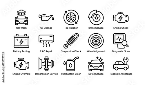 Automotive service icons: car maintenance, tire rotation, engine check, brake service, battery testing
