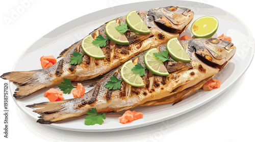 Grilled whole fish served with lime slices and parsley on plate, gourmet seafood dish illustration for restaurant menu, culinary design, and food presentation