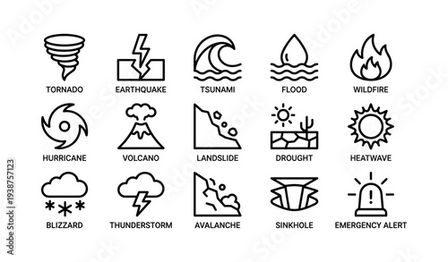 Set of 16 natural disaster icons including tornado, earthquake, tsunami, flood, wildfire