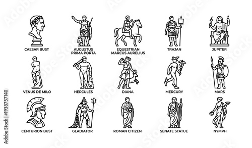 Ancient roman statues and busts featuring deities and historical figures
