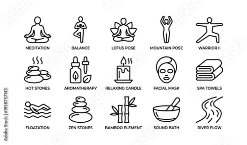 Wellness icons: yoga poses, spa treatments, and relaxation elements