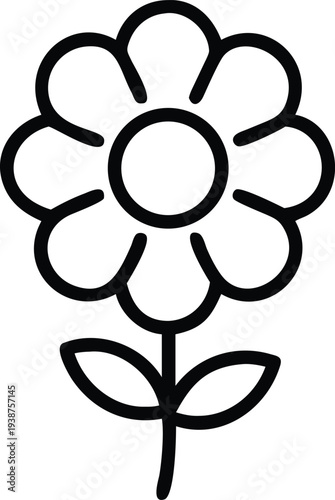 Minimalist Flower Icon Vector Illustration: Simple Black Line Art Floral Motif with Round Petals and Leaves for Nature Branding, Logo Design, and Decorative Botanical Art