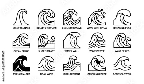 Steep tsunami icons set: ocean surge, tidal wave, water wall, wave power elements
