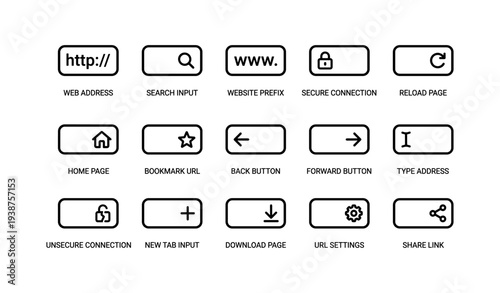Web and browser icons set featuring connection security and navigation commands