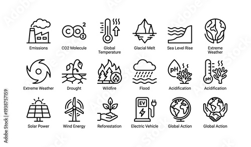 Climate change icons: emissions, global temperature, weather impact, renewable energy solutions