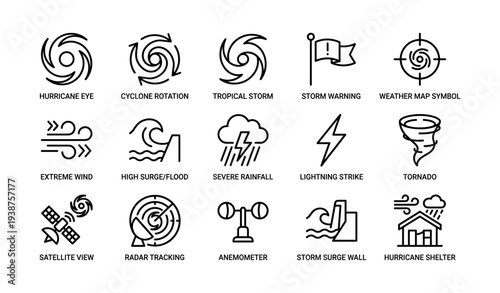 Weather symbols: hurricane, tornado, flood, lightning, wind, radar