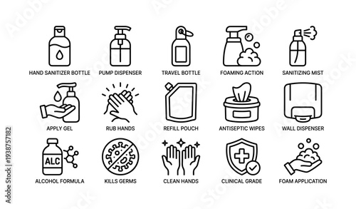 Hand sanitizer icons: dispenser, gel, wipes, foam, hygiene solutions