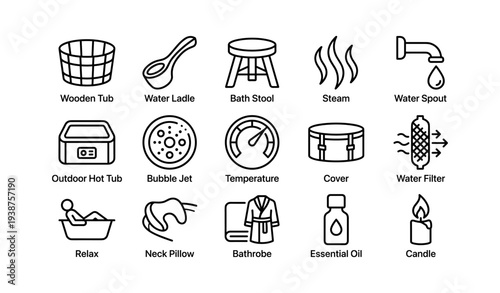 Spa icons set: wooden tub, bathrobe, relaxation essentials, hot tub, candle
