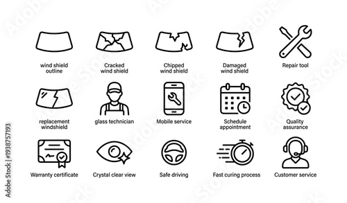Automotive windshield repair icons including tools and services