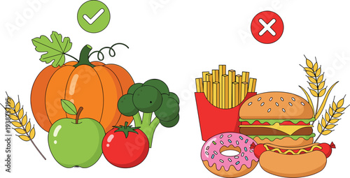 Healthy vs unhealthy food concept with fresh vegetables fruits and junk fast food comparison illustration nutrition choice diet lifestyle vector isolated design
