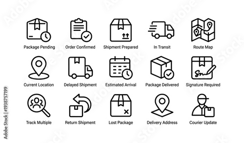 Shipping and delivery icons: tracking, status, and logistics symbols