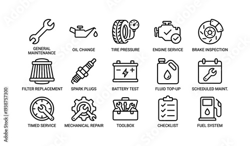 Automotive icons: maintenance, repair, service, engine, toolbox
