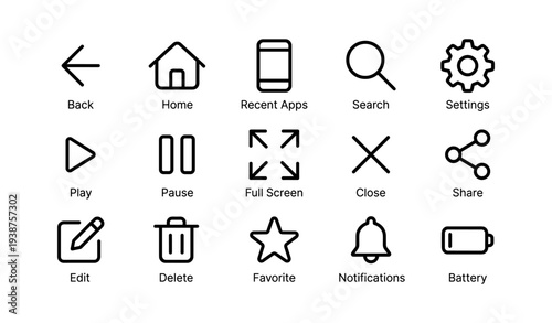 Essential user interface icons: navigation, settings, media, and tools